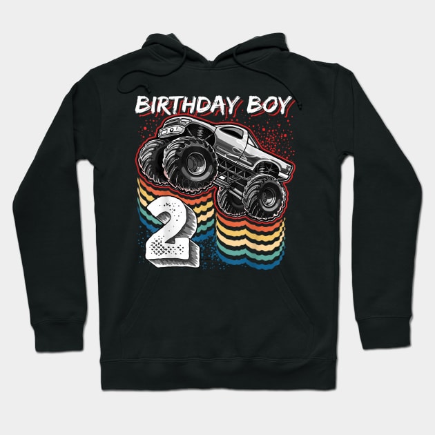 Birthday Boy 2 Monster Truck 2nd Birthday Retro Vintage Gift Hoodie by elmiragokoryan